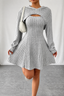 Women's Ribbed Knit Mini Dress with Hooded Bolero Set in gray