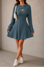 Women's Ribbed Knit Mini Dress with Hooded Bolero Set in dark blue