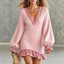 Women's Ribbed Knit Mini Dress with Leopard Trim and Balloon Sleeves in pink