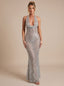 Women's Sequin Mermaid Maxi Dress with Deep V Halter Neck
