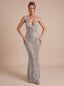 Women's Sequin Mermaid Maxi Dress with Deep V Halter Neck, silver