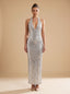 Women's Sequin Mermaid Maxi Dress with Deep V Halter Neck
