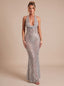 Women's Sequin Mermaid Maxi Dress with Deep V Halter Neck