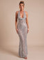 Women's Sequin Mermaid Maxi Dress with Deep V Halter Neck
