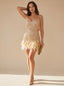 Women's Sequin Mini Dress with Feather Hem and Spaghetti Straps, gold
