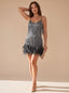Women's Sequin Mini Dress with Feather Hem and Spaghetti Straps, black