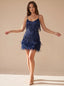 Women's Sequin Mini Dress with Feather Hem and Spaghetti Straps, dark blue