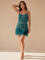 Women's Sequin Mini Dress with Feather Hem and Spaghetti Straps, green