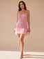Women's Sequin Mini Dress with Feather Hem and Spaghetti Straps, pink