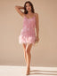 Women's Sequin Mini Dress with Feather Hem and Spaghetti Straps