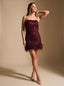 Women's Sequin Mini Dress with Feather Hem and Spaghetti Straps