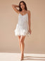 Women's Sequin Mini Dress with Feather Hem and Spaghetti Straps, white