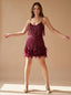 Women's Sequin Mini Dress with Feather Hem and V Neck, wine red