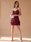 Women's Sequin Mini Dress with Feather Hem and V Neck, red