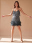 Women's Sequin Mini Dress with Feather Hem and V Neck, black