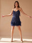 Women's Sequin Mini Dress with Feather Hem and V Neck, blue
