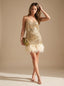 Women's Sequin Mini Dress with Feather Hem and V Neck, gold