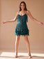 Women's Sequin Mini Dress with Feather Hem and V Neck, peacock blue