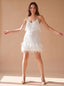 Women's Sequin Mini Dress with Feather Hem and V Neck, white