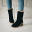 Black shearling cuff ankle boots worn with jeans
