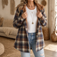 Women's sherpa lined plaid flannel shacket in navy