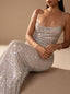 Women's Square Neck Bodycon Sequin Maxi Dress with Thin Straps