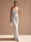 Women's Square Neck Bodycon Sequin Maxi Dress with Thin Straps