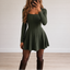 Women's Square Neck Long Sleeve A-Line Mini Dress in military green