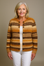 Women's striped cable knit cardigan in amber and brown, front view