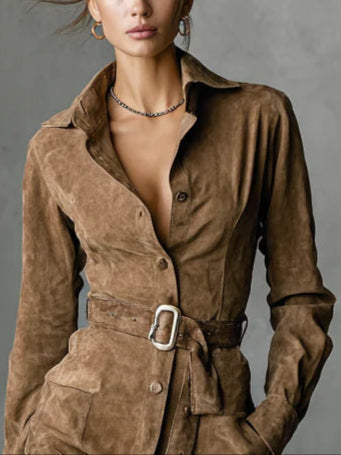 Women's Suede-Look Belted Shirt Dress in Brown