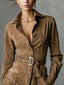 Women's Suede-Look Belted Shirt Dress in Brown