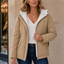 Khaki padded puffer jacket worn zipped up
