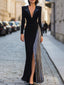 Women's Tuxedo Style Maxi Gown with Silver Pleated Slit in black