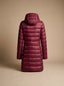 Wine red ultralight puffer coat shown from the front