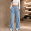 Women's Velvet-Look Stretch Wide-Leg Pants with Smooth Waist in light blue