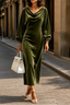 Women's Velvet Midi Dress with Draped Neckline in olive green