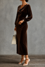 Women's Velvet Midi Dress with Draped Neckline in coffee brown