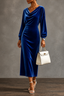 Women's Velvet Midi Dress with Draped Neckline in blue