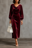 Women's Velvet Midi Dress with Draped Neckline in burgundy