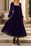Women's Velvet Midi Dress with Square Neck and Fitted Waist