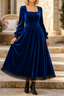 Women's Velvet Midi Dress with Square Neck and Fitted Waist in blue