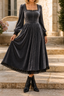 Women's Velvet Midi Dress with Square Neck and Fitted Waist in gray
