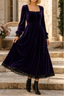 Women's Velvet Midi Dress with Square Neck and Fitted Waist in purple