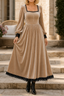 Women's Velvet Midi Dress with Square Neck and Fitted Waist in khaki