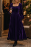 Women's Velvet Midi Dress with Square Neck and Fitted Waist