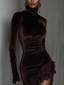 Women's Velvet Mini Dress with Mock Neck and Lace Hem