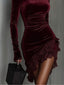 Women's Velvet Mini Dress with Mock Neck and Lace Hem