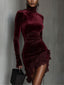 Women's Velvet Mini Dress with Mock Neck and Lace Hem in bordeaux