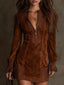 Women's Vintage Velvet Mini Dress with Lace Panels in brown