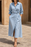 Women's Wrap Belt A-Line Midi Shirt Dress with Pockets